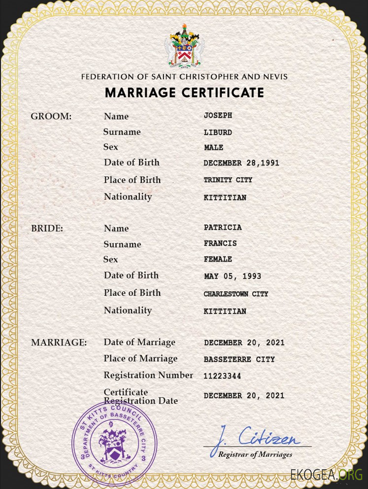 Modèle PSD de certificat de mariage de Saint Kitts et Nevis